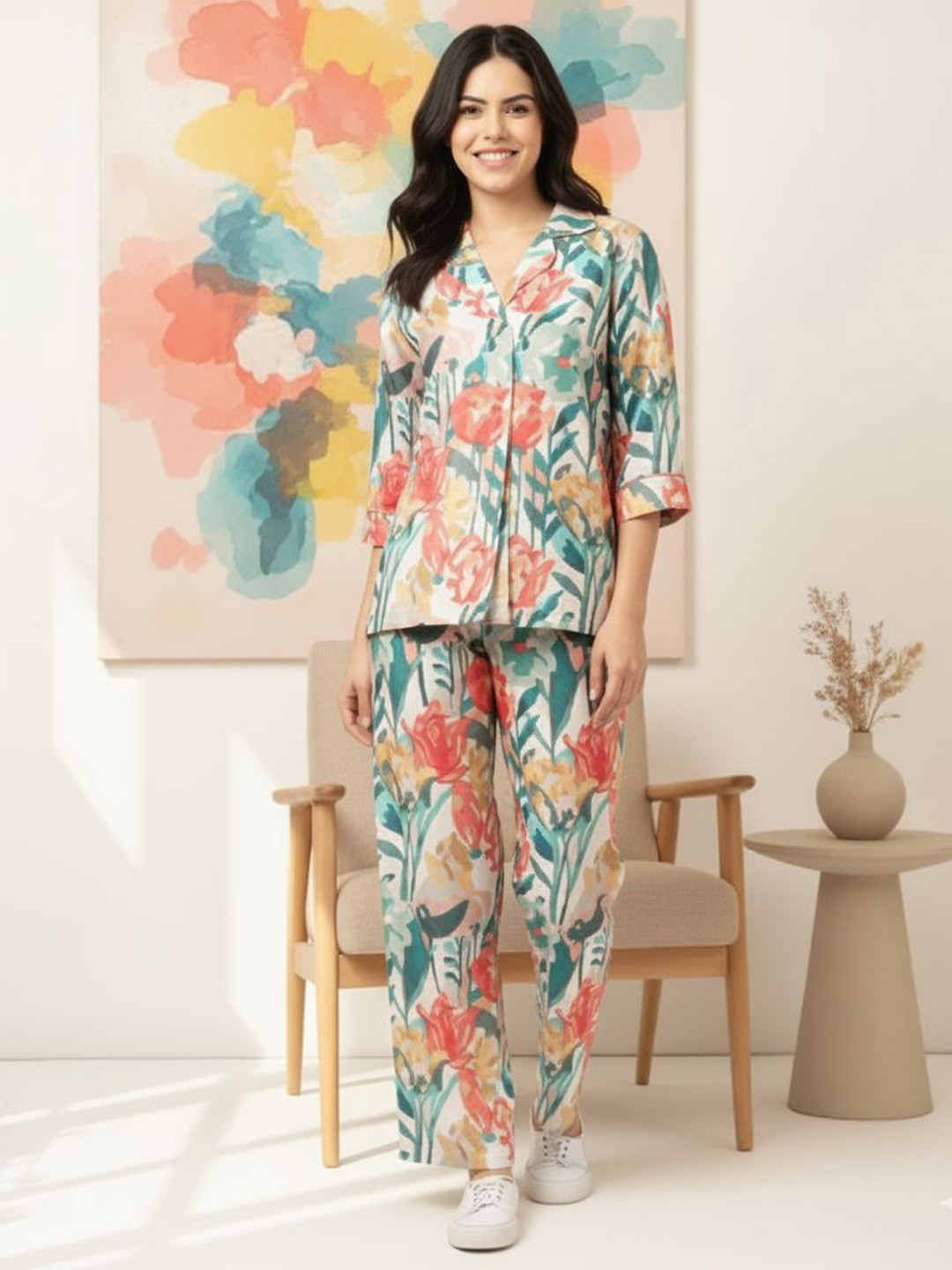 Bannos Swagger Tropical Printed Shawl Neck Top With Printed Trouser