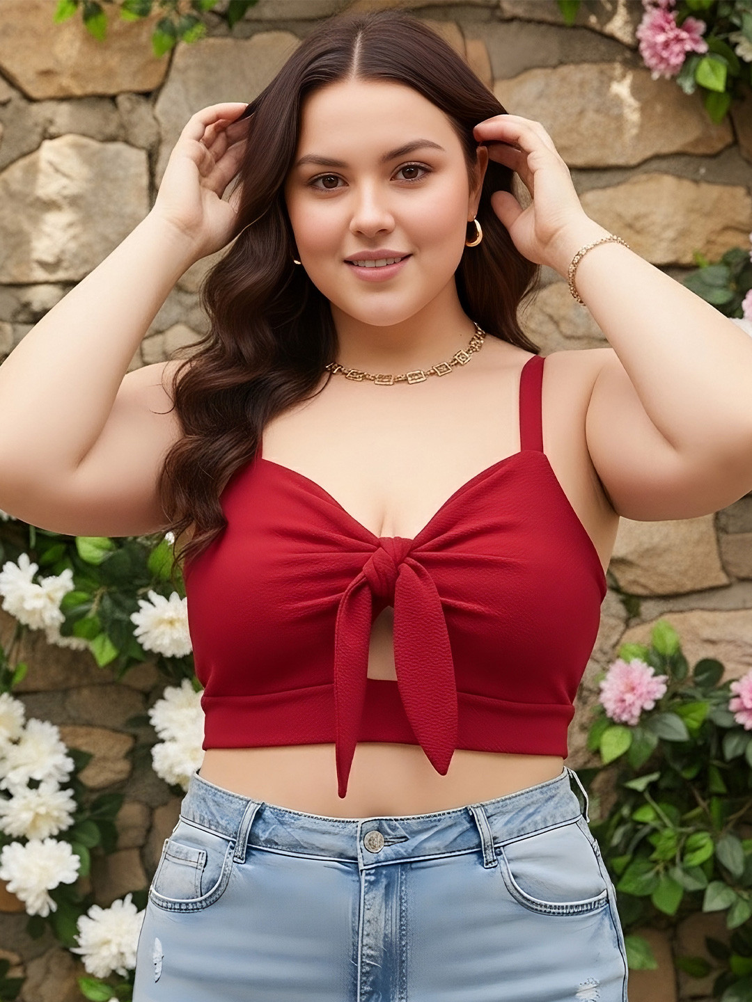 Berrylush Curve Women Red Solid  shoulder straps sleeves Bralette Crop Top