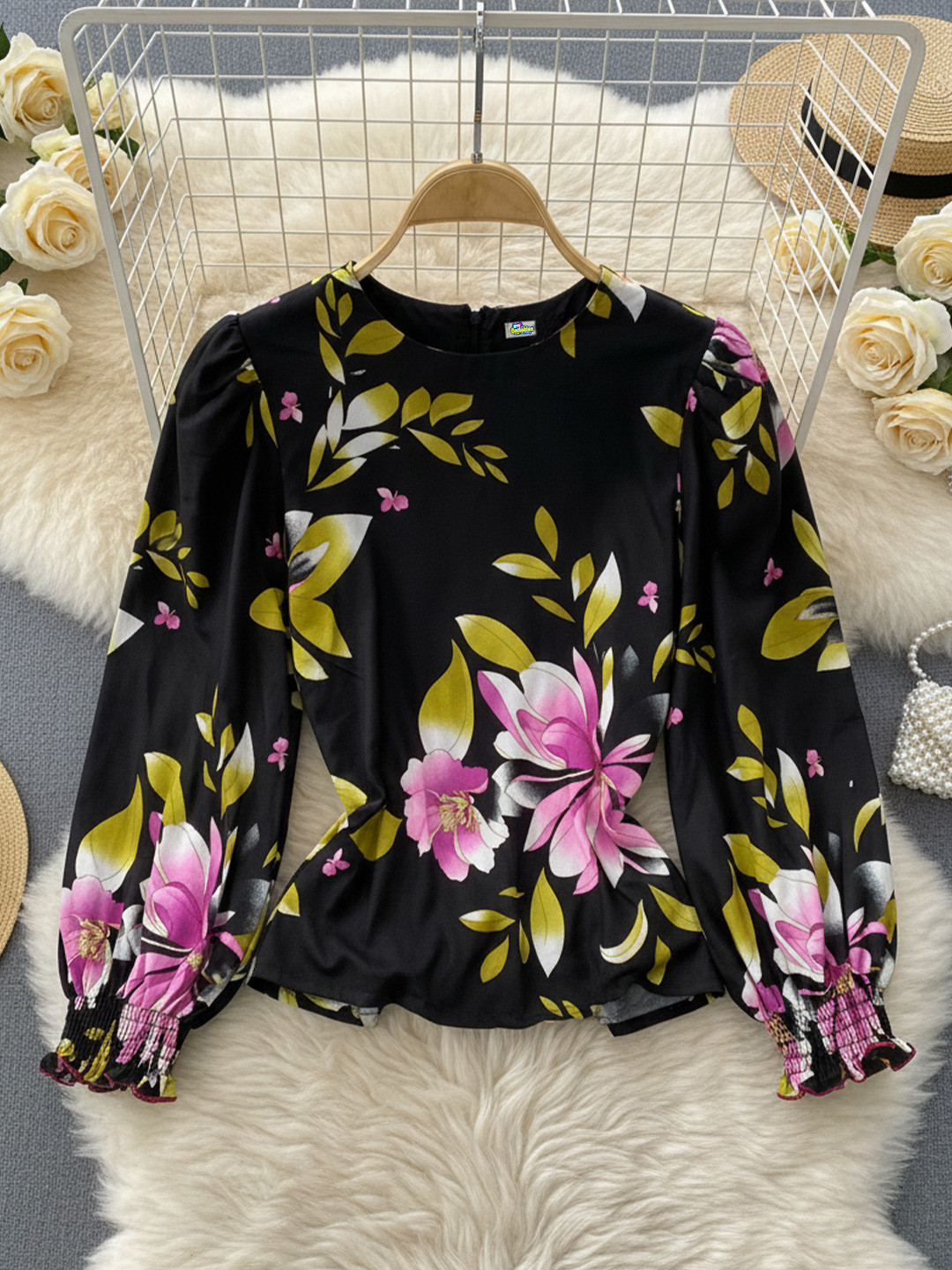 Cutiekins Girls Floral Printed Smocked High Neck Collar Top