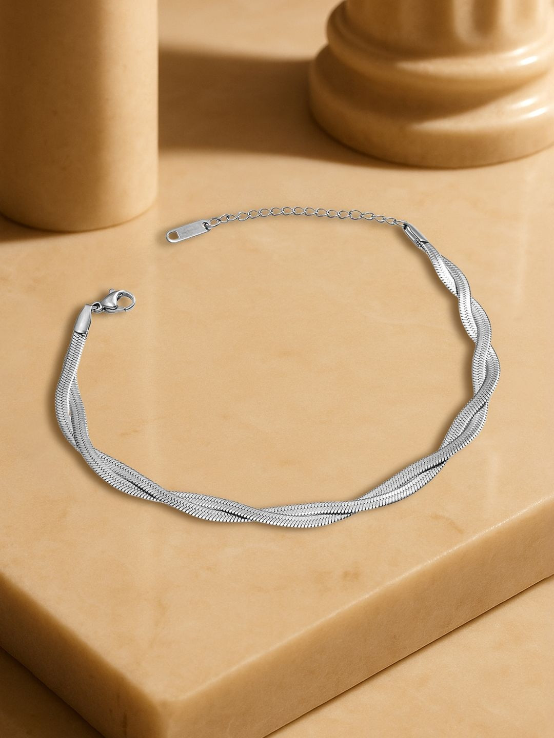 Rubans Women Rhodium-Plated Stainless Steel Tarnish-Free Waterproof Twisted Anklet