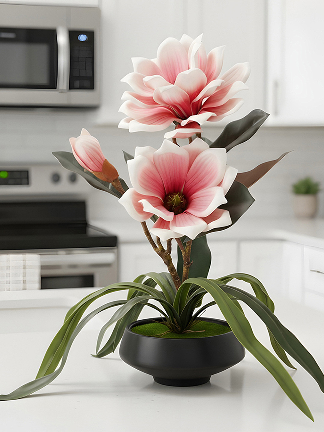 AARVI DECOR STUDIO Magnolia & Green Artificial Flower With Pot