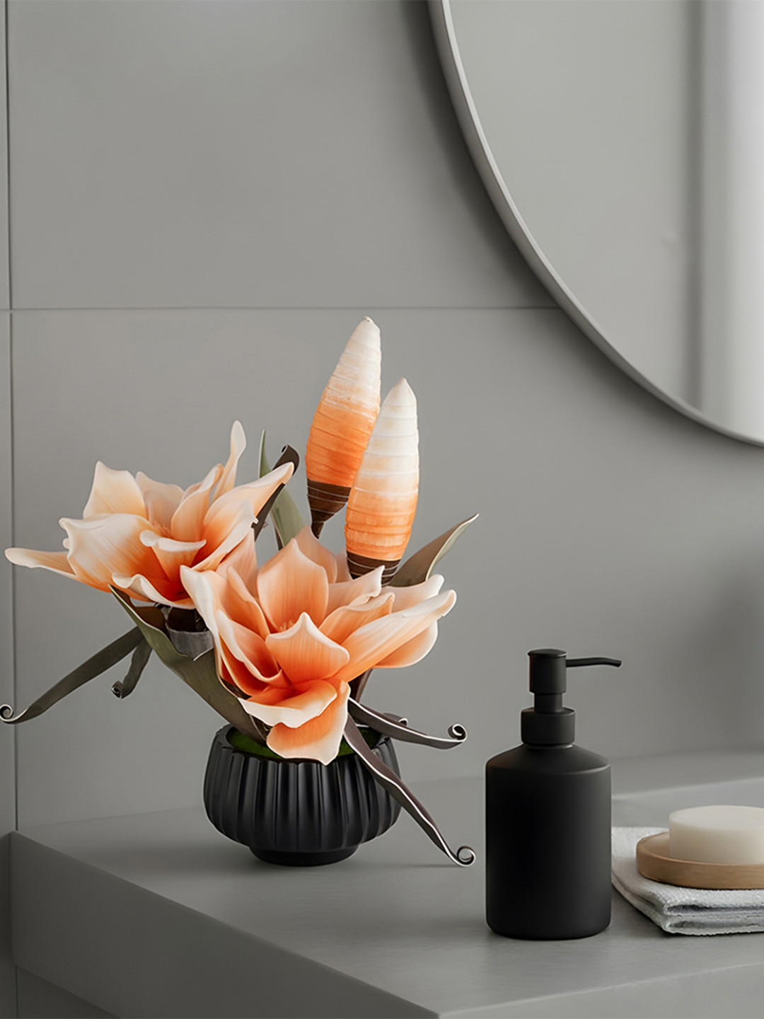 AARVI DECOR STUDIO Orange & Green Magnolia Artificial Flower With Pot