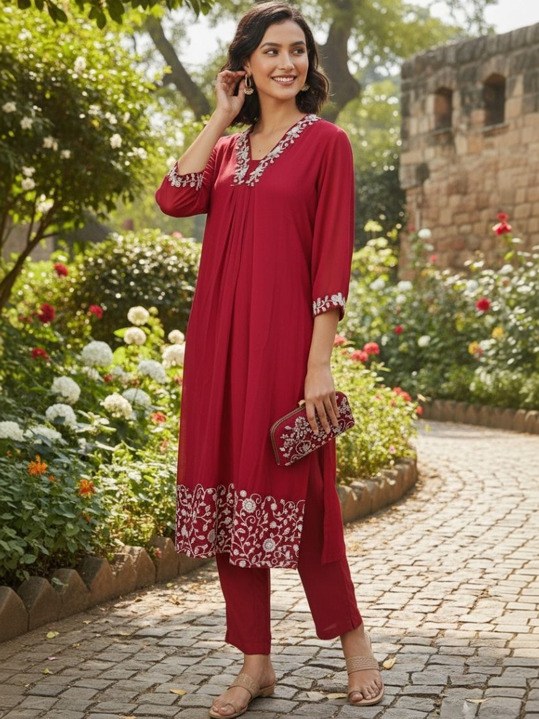 Santati Women Ethnic Motifs Embroidered Regular Thread Work Kurta with Trousers
