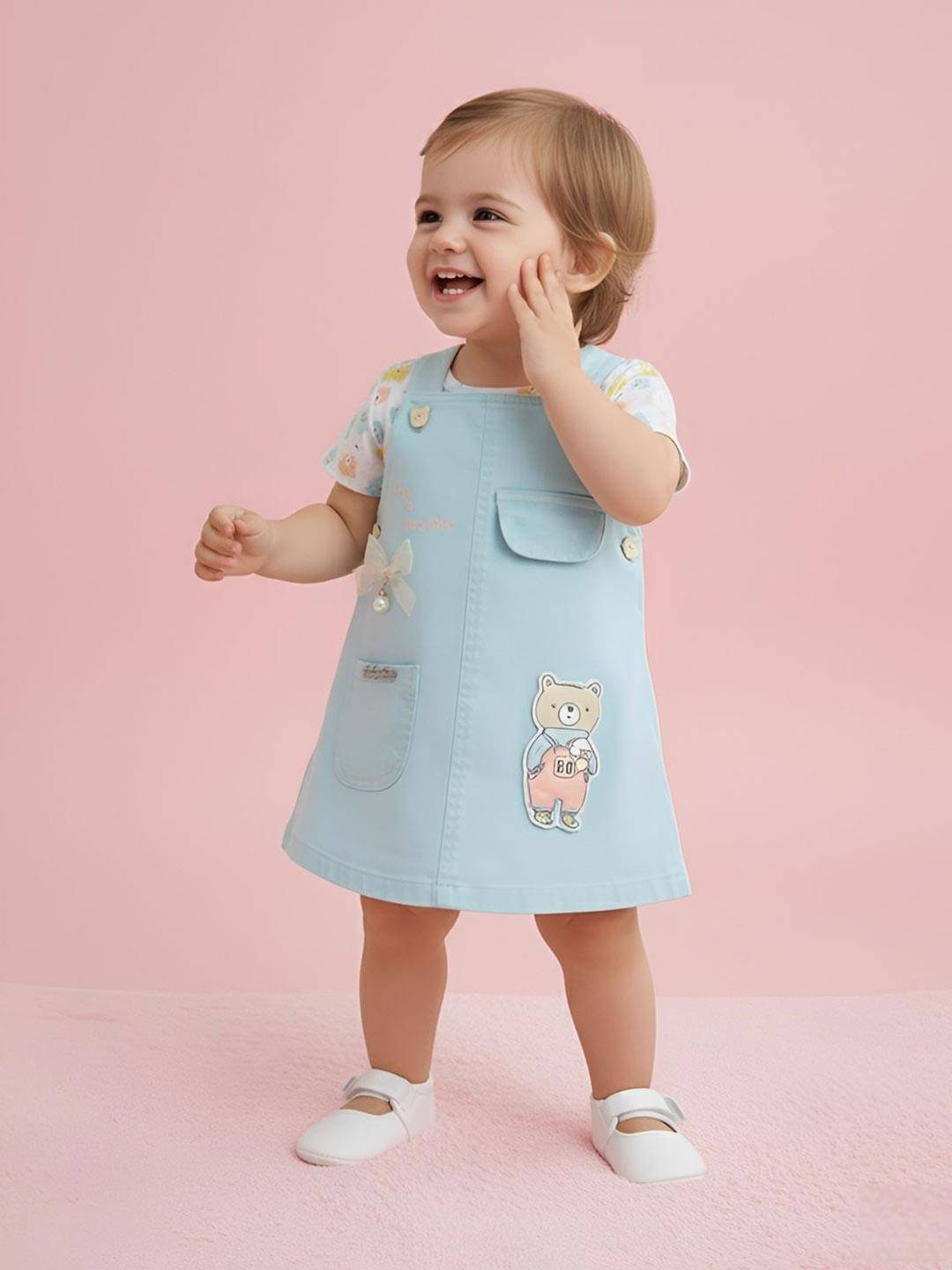 Babys Day Infant Girls Teddy Bear Printed Pure Cotton Dungaree With Top & Brief