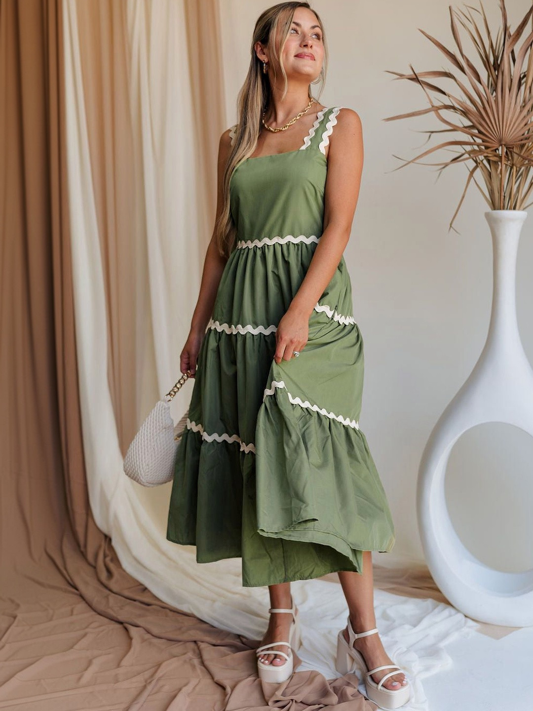 FIXOCRA Ruffled Crepe A-Line Midi Dress