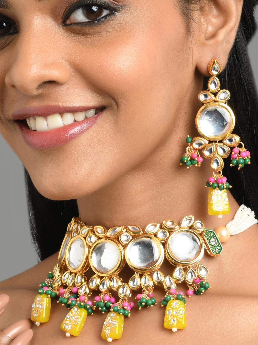 Fida White Gold-Plated Ornate Pearl Kundan Jewellery Set