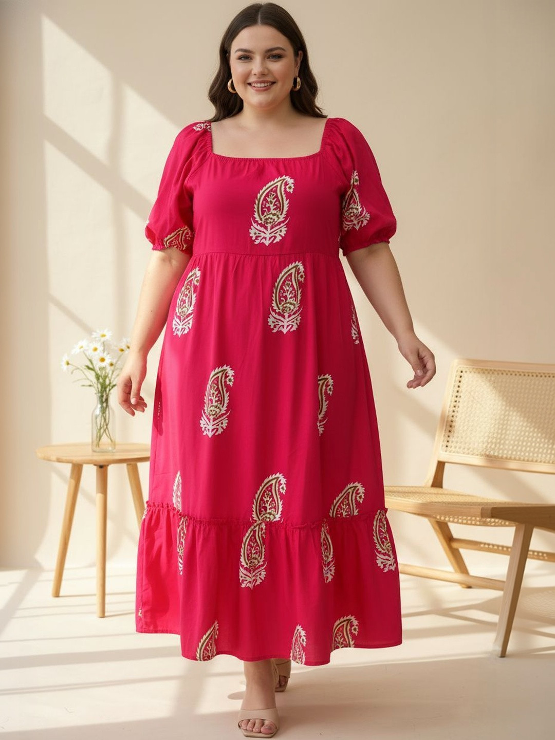 U&F Beyond Print Puff Sleeve Fit & Flare Midi Dress