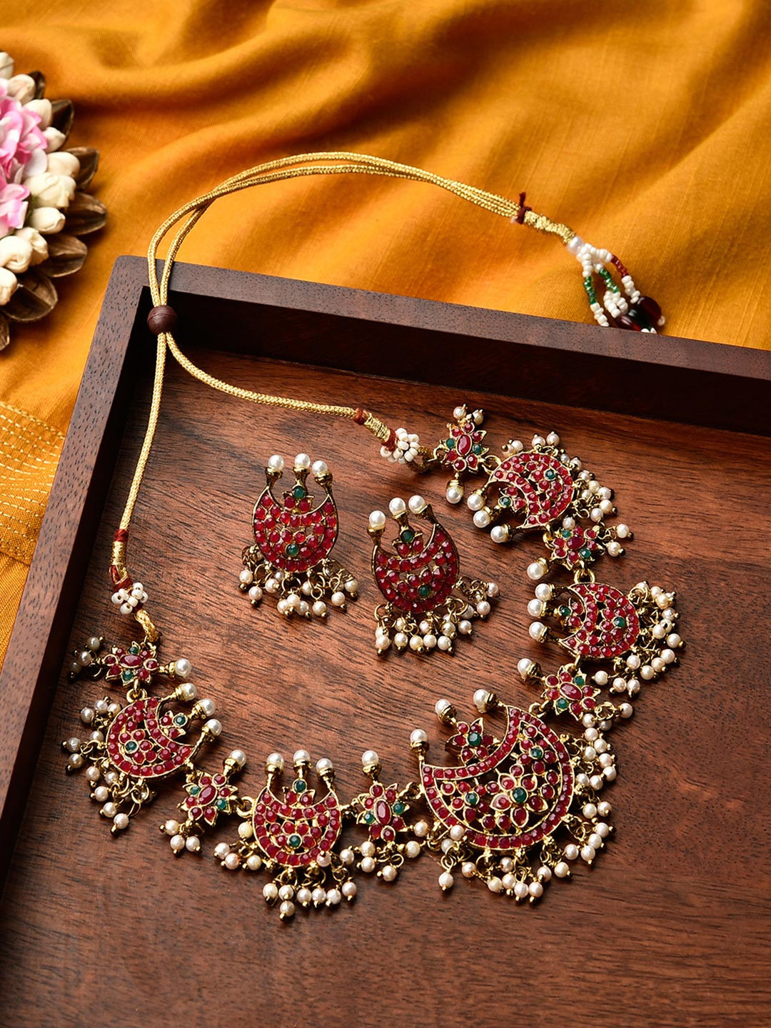 Fida Gold-Plated Fuchsia Pink & White Stone-Studded & Pearl Beaded Handmade Temple Jewellery Set