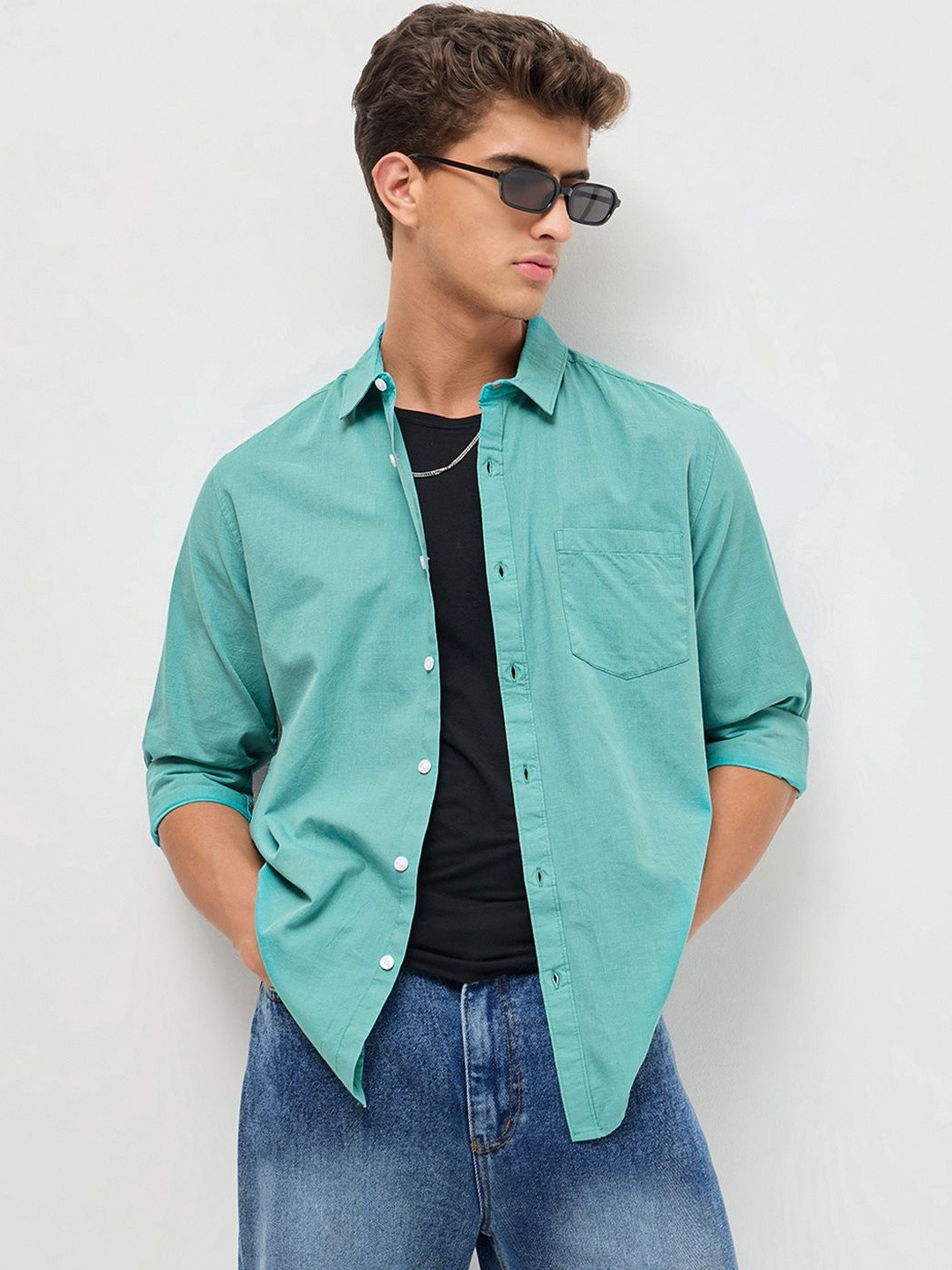 Urbano Fashion Men's Light Teal Cotton Full Sleeve Casual Shirt With Spread Collar