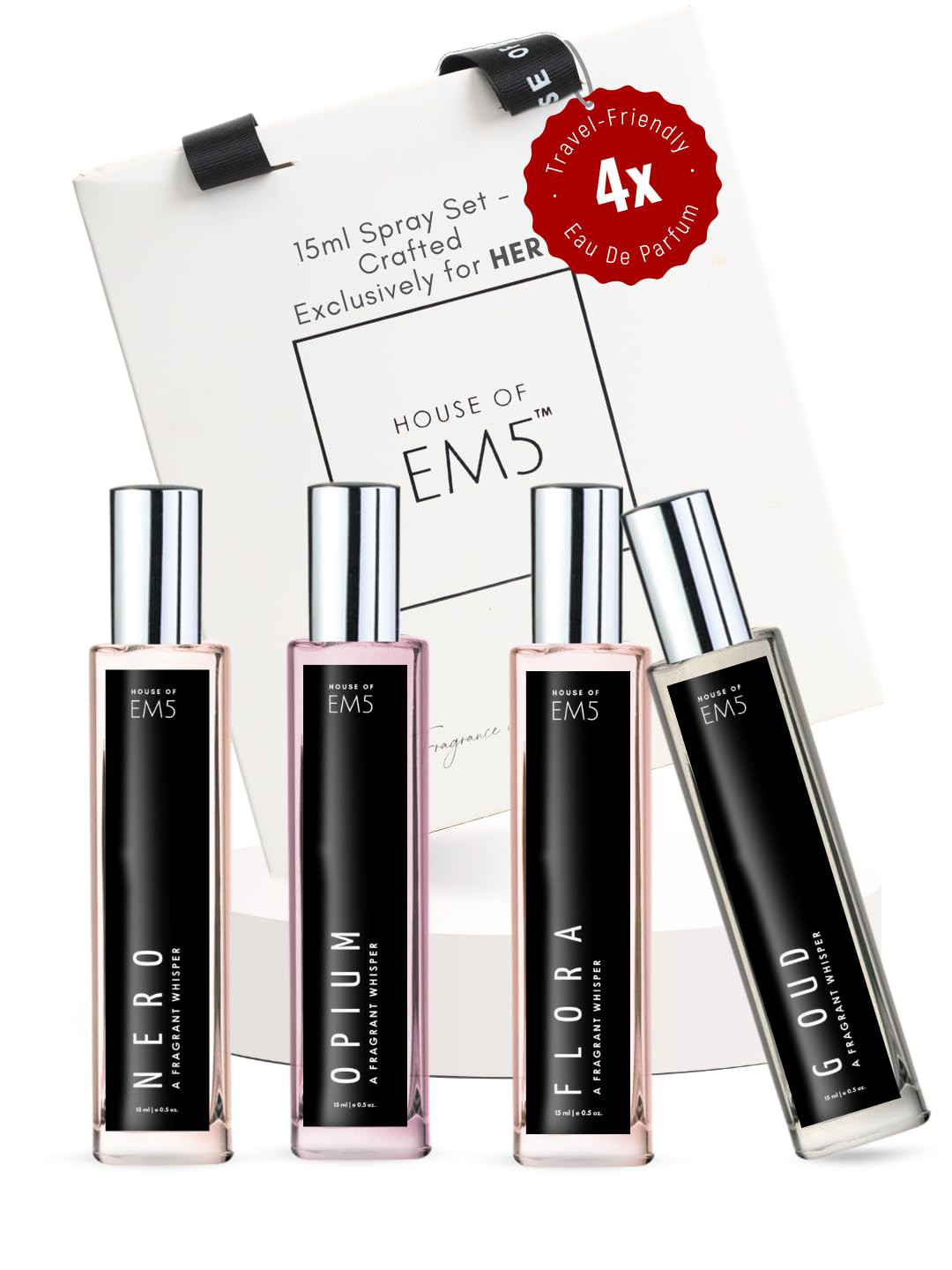 EM5 Set Of 4 Nero- Opium- Flora- Goud Long Lasting Eau De Parfum- 15 ml Each