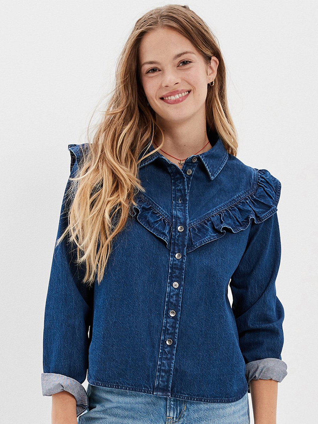 AMERICAN EAGLE OUTFITTERS Women Blue Polo Collar Cotton T-shirt