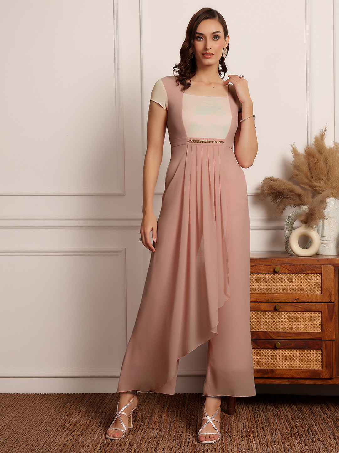 Miss Chase Women's Square Neck Short Sleeve Embellished Pleated Regular-Length Jumpsuit