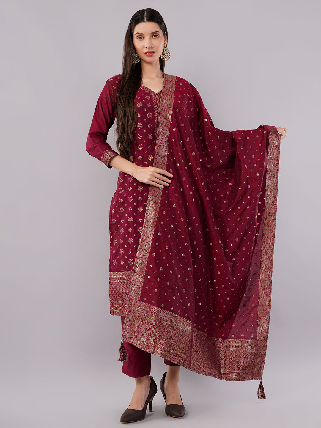dhartii Women Floral Brocade Banarasi Straight Kurta with Trousers & Dupatta