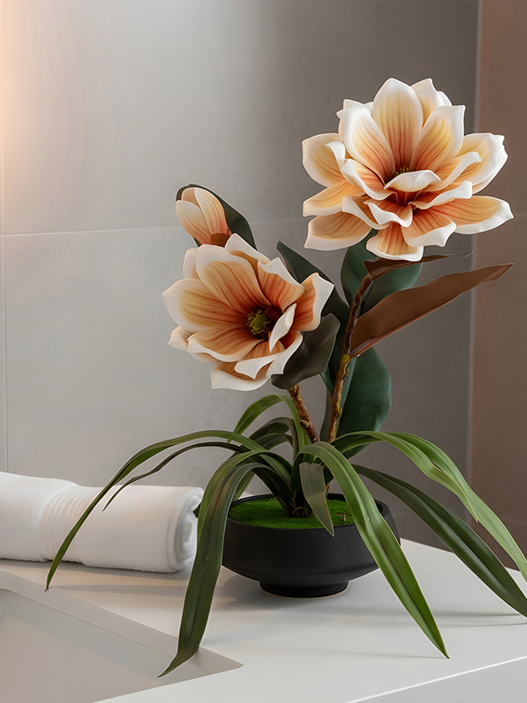 AARVI DECOR STUDIO Beige & Green Magnolia Artificial Flower With Pot