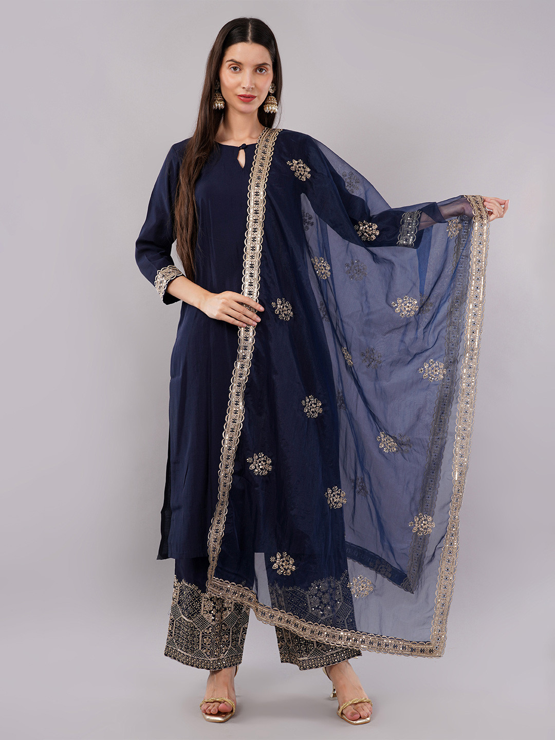 dhartii Women Navy Blue Straight Suit Set with Zari Embroidered Palazzo And Dupatta