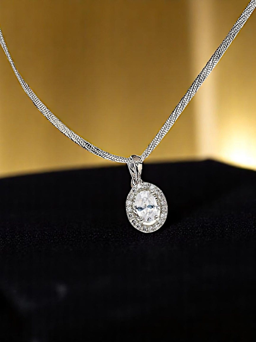 OOMPH Silver Anti Tarnish Solitaire Cubic Zirconia Pendant Necklace