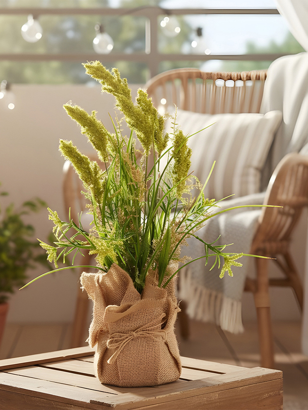 AARVI DECOR STUDIO Green Faux Pampas Grass Artificial Flower With Pot