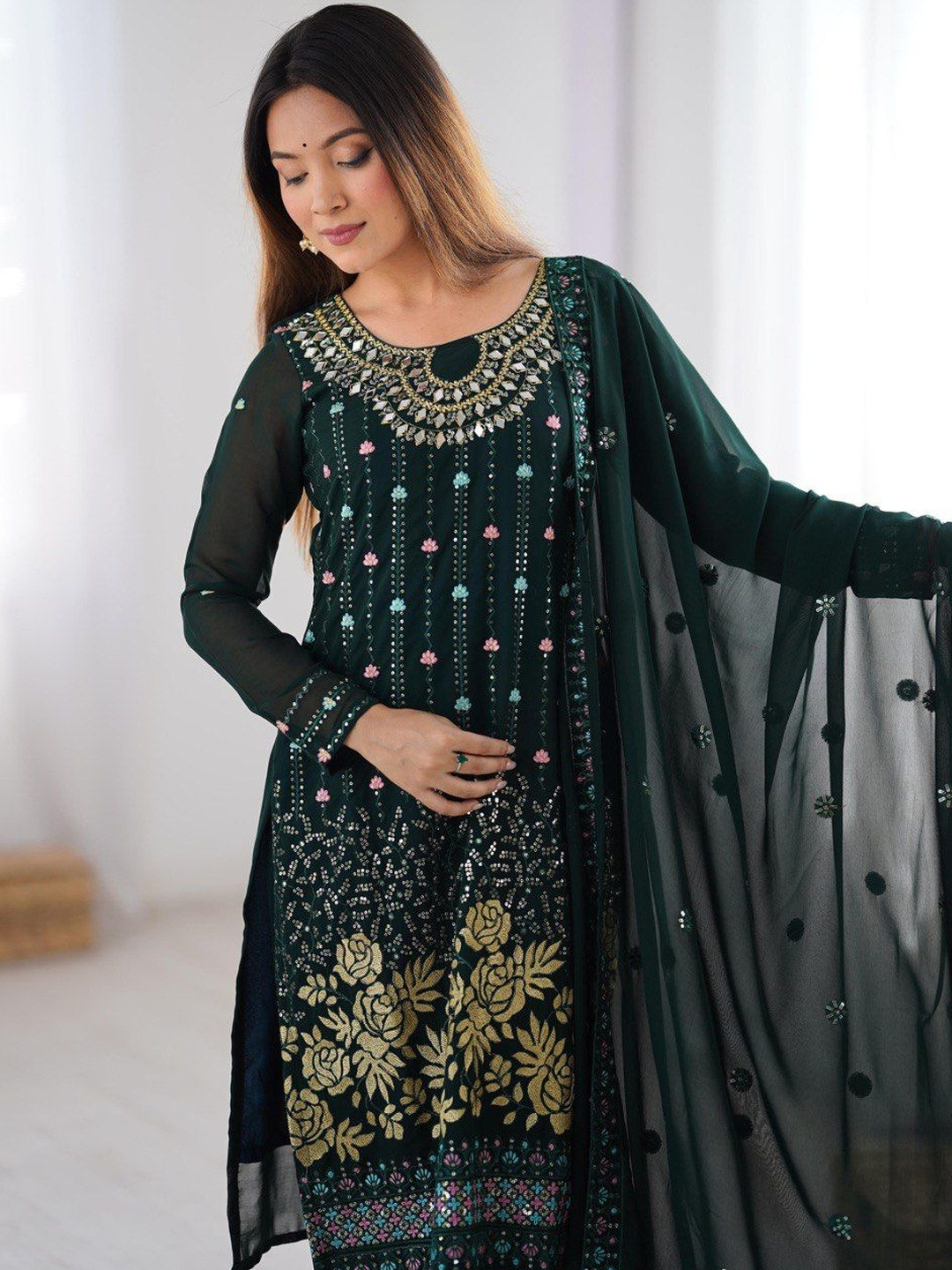 SWORNY FASHION Floral Embroidered Regular Mirror Work Kurta with Trousers & With Dupatta