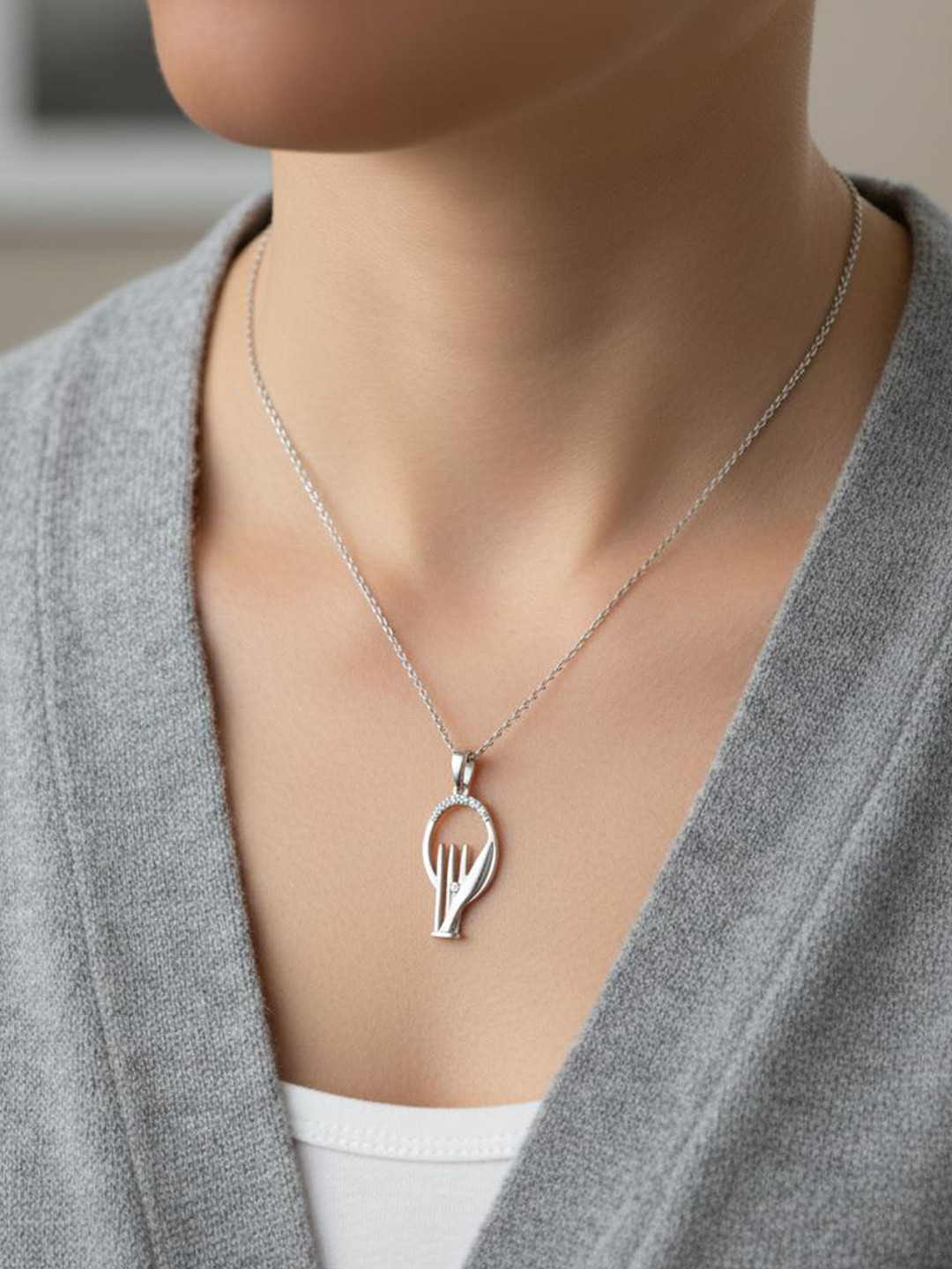 925 SILLER 925 Sterling Silver Rhodium-Plated Stones Studded Cricket Pendant With Chain