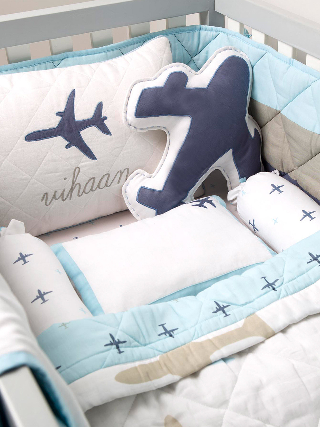 Masilo Infants Blue & White Printed Organic Cotton Cot Bedding Set