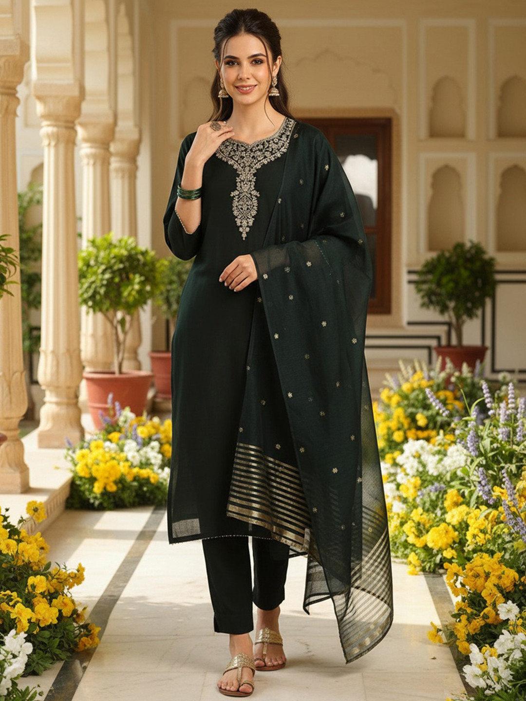 KALINI Floral Embroidered Sequuined Straight Kurta With Trousers And Dupatta