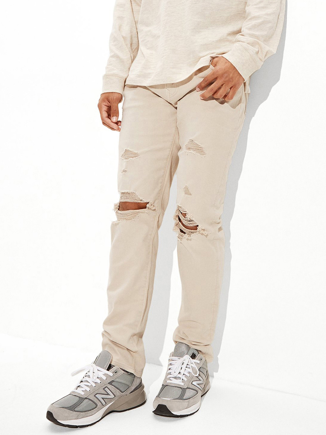 AMERICAN EAGLE OUTFITTERS Men Beige Slash Knee Jeans