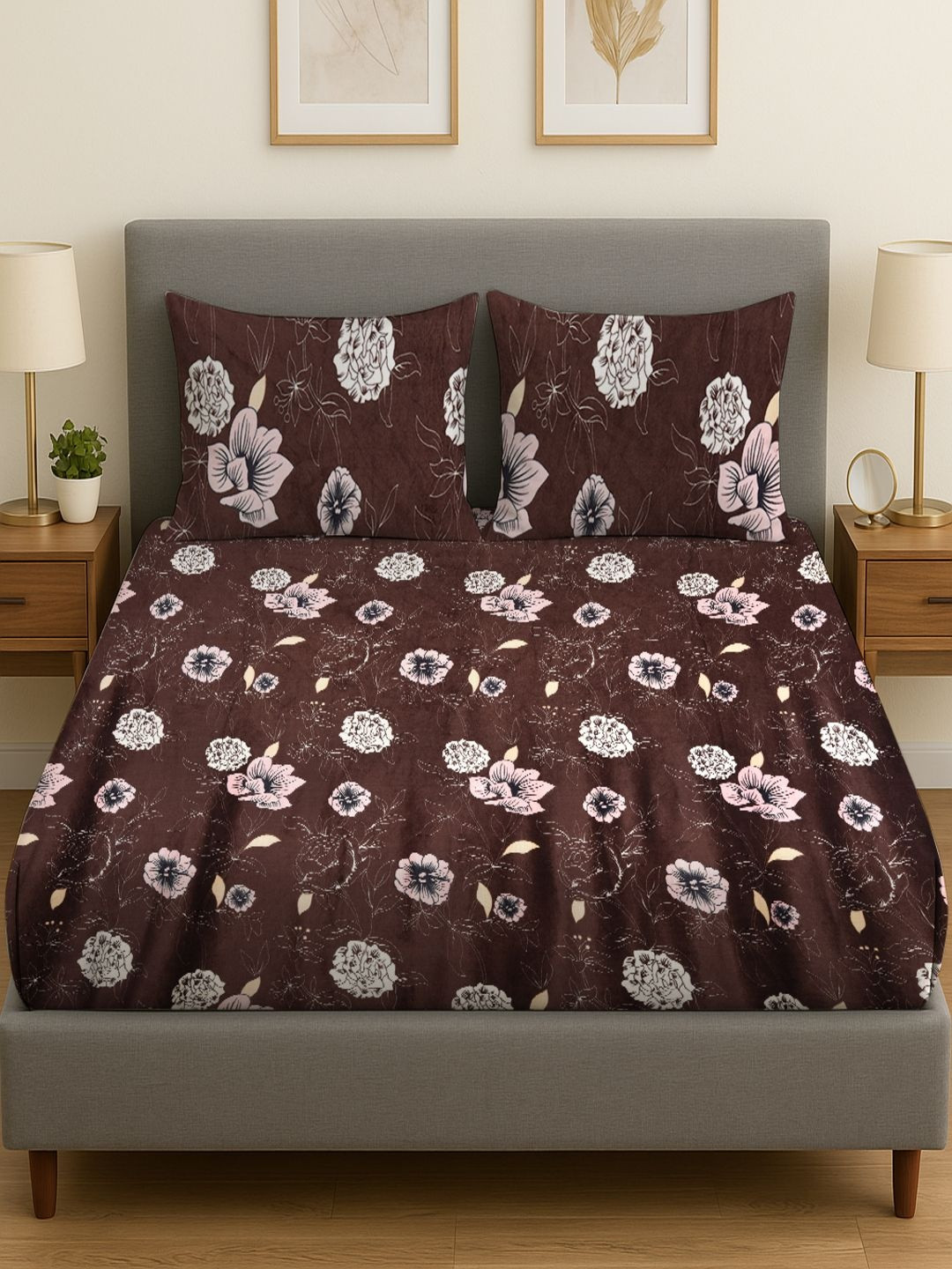 Myntra Elegant Homes Brown & White Floral 300 TC Bedsheet with 2 Pillow Covers