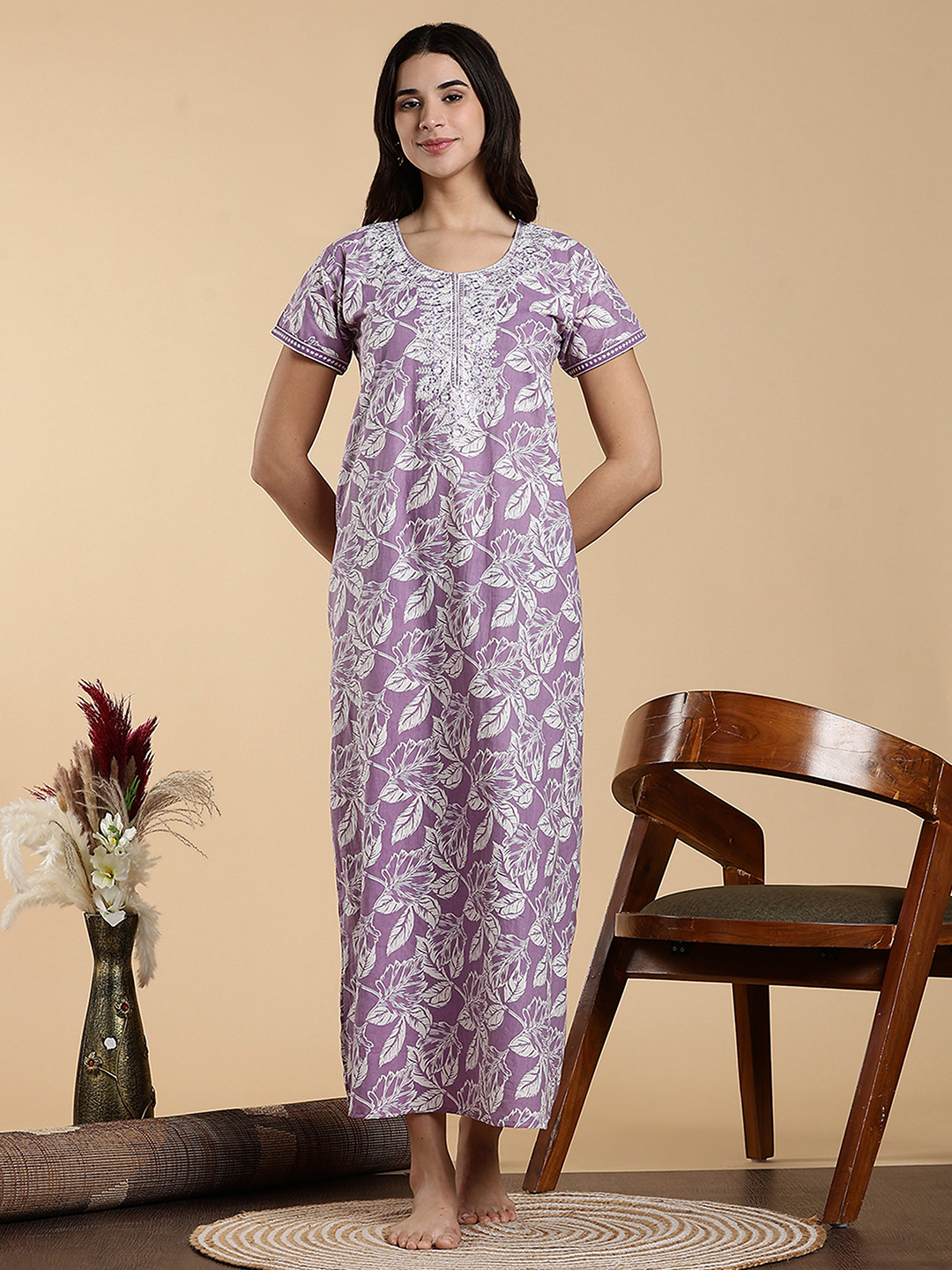 9shines Label Floral Printed Round Neck Short Sleeves Pure Cotton Maxi Nightdress