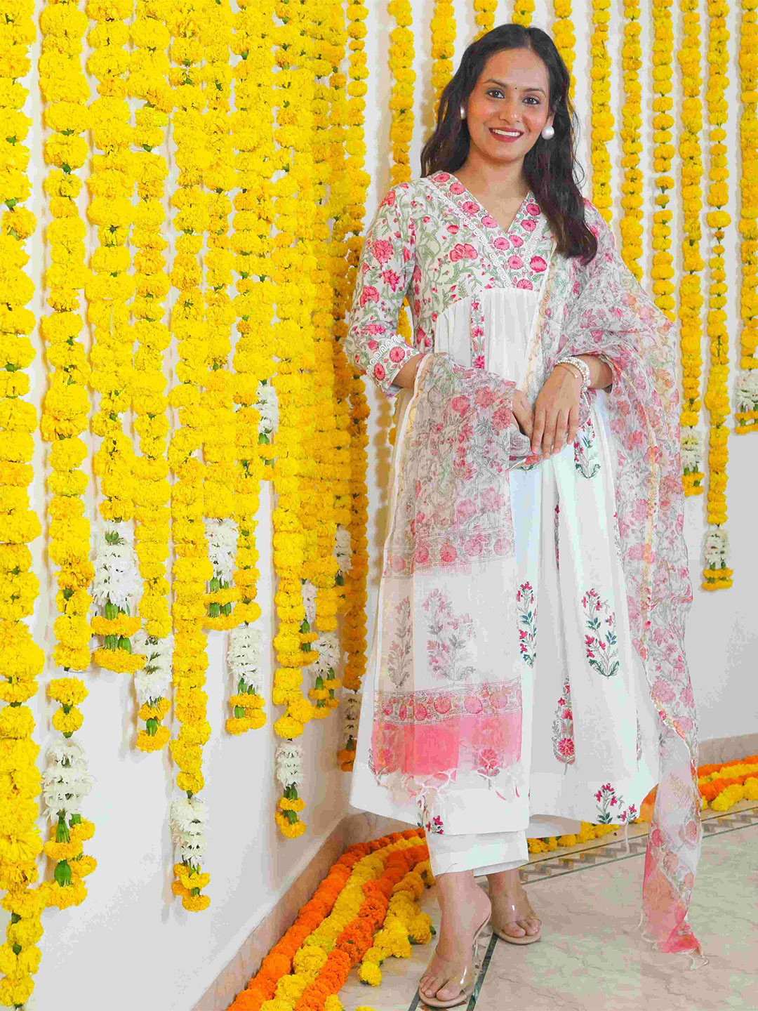 Sivaka India Women Floral Printed Tiered Pure Cotton Kurta with Trousers & With Dupatta