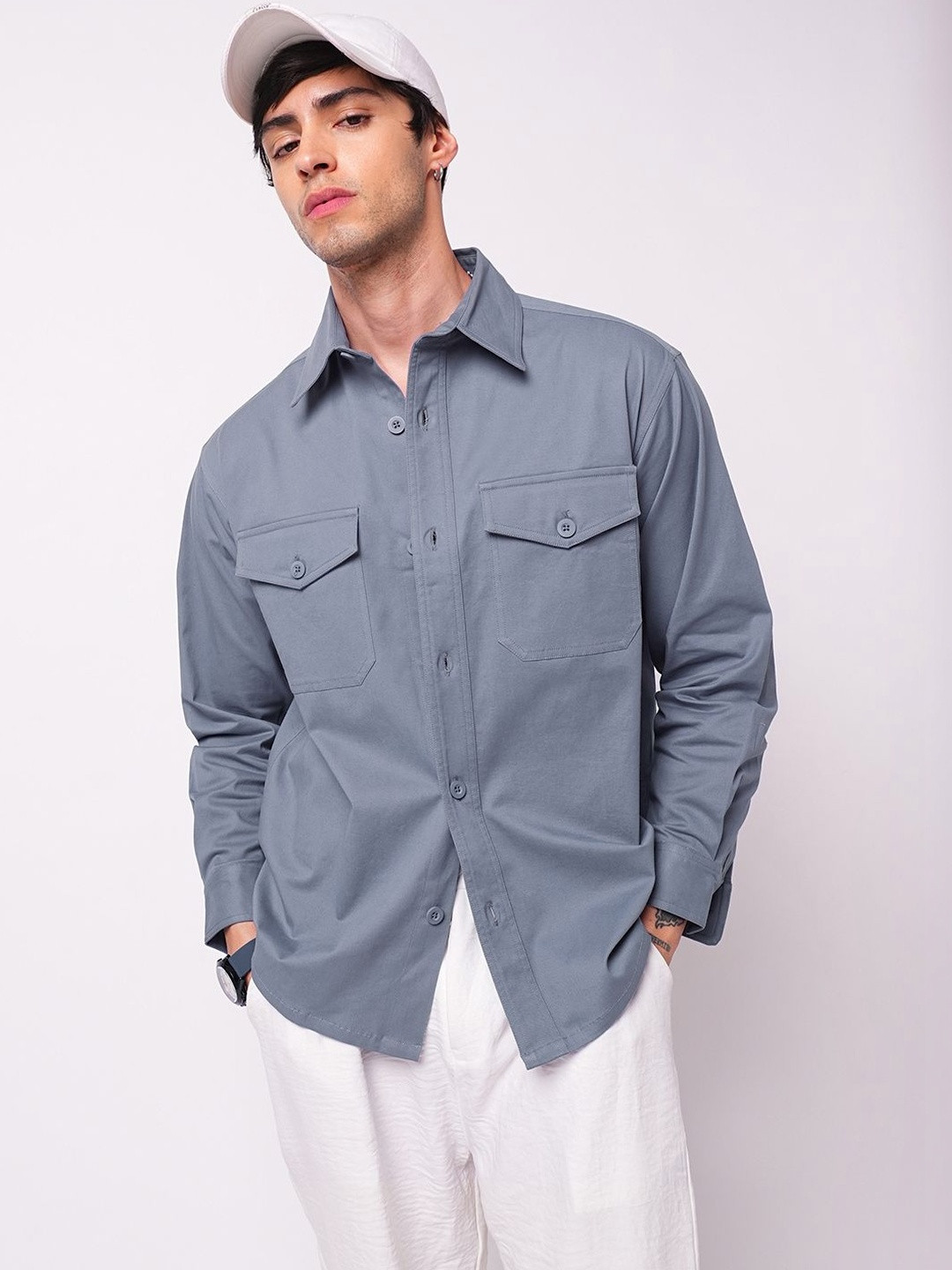 VASTRADO Glaucous Double Cotton Long Sleeves Slim Fit Shirt