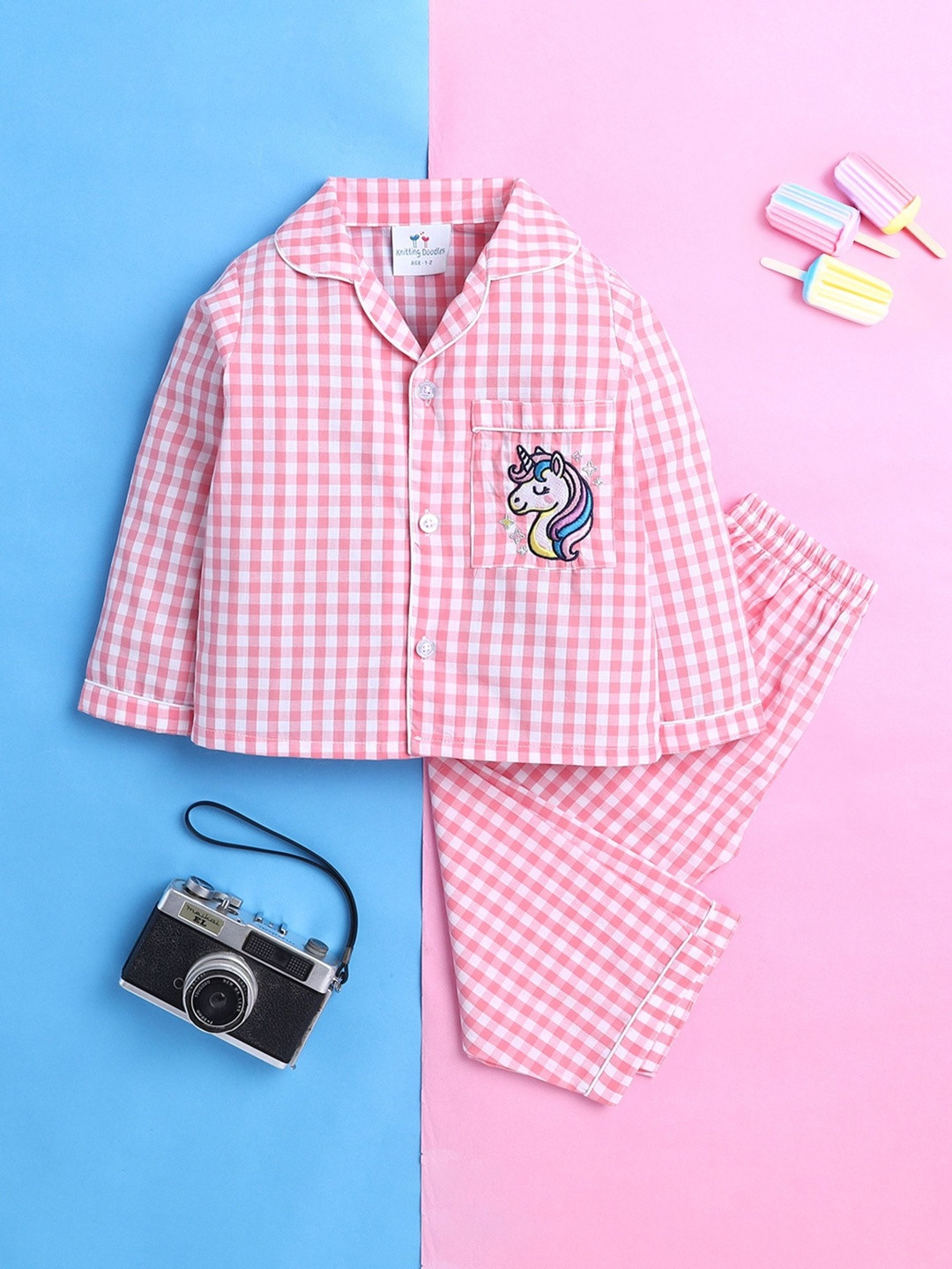 Knitting Doodles Unisex Kids Checked Night suit