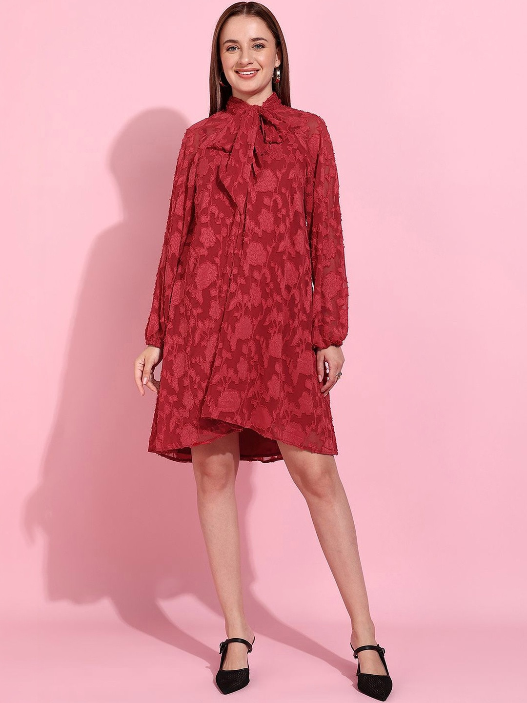 SAFFE Floral Tie-Up Neck Georgette A-Line Dress
