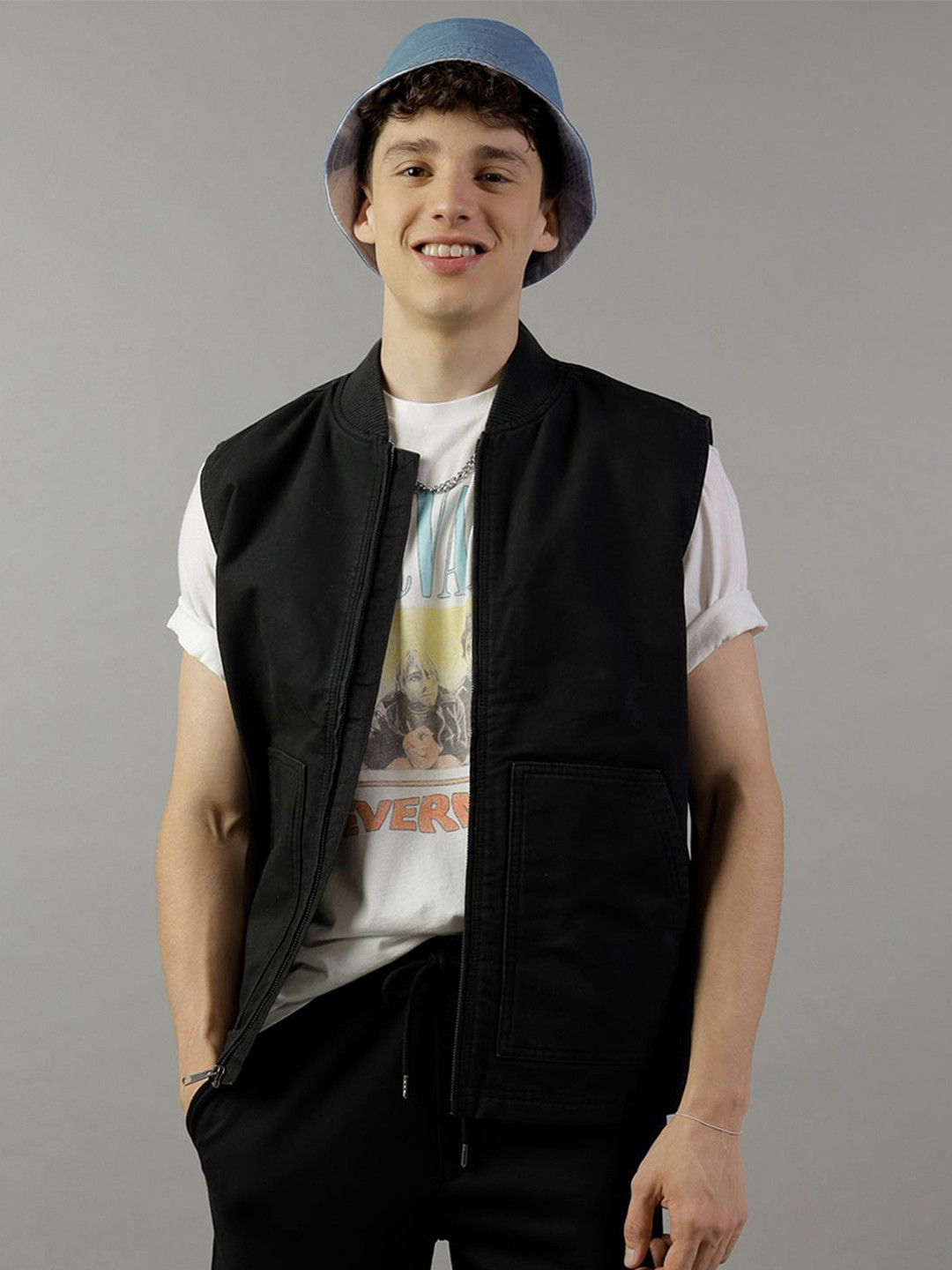 AMERICAN EAGLE OUTFITTERS Stand Collar Sleeveless Pure Cotton Open Front Jacket