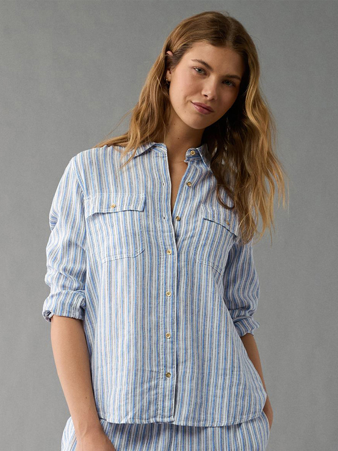 AMERICAN EAGLE OUTFITTERS Women Solid Vertical Stripes Shirt Collar Linen Blouson Top