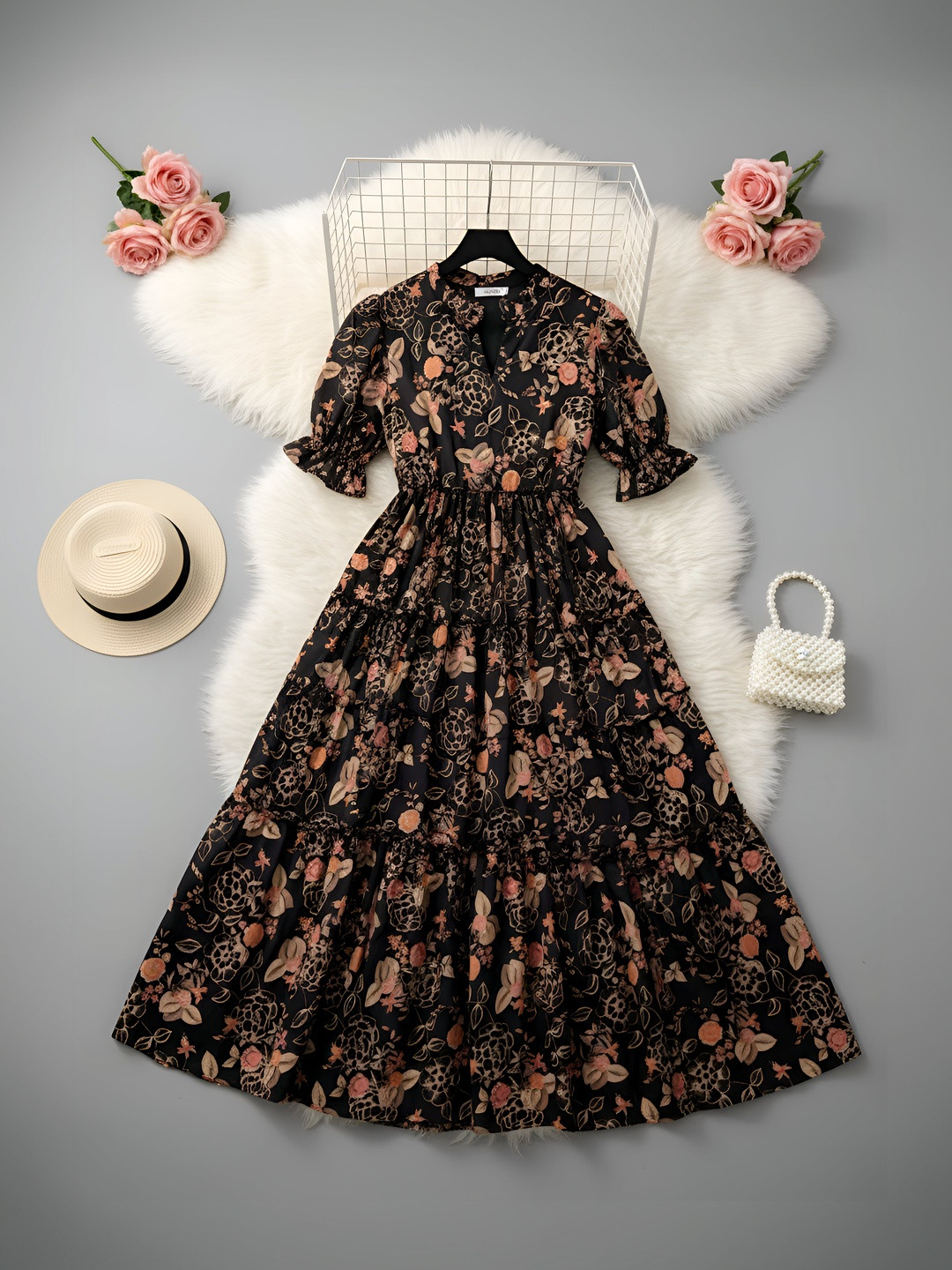 FIXOCRA Floral Print Puff Sleeve Crepe Fit & Flare Maxi Dress