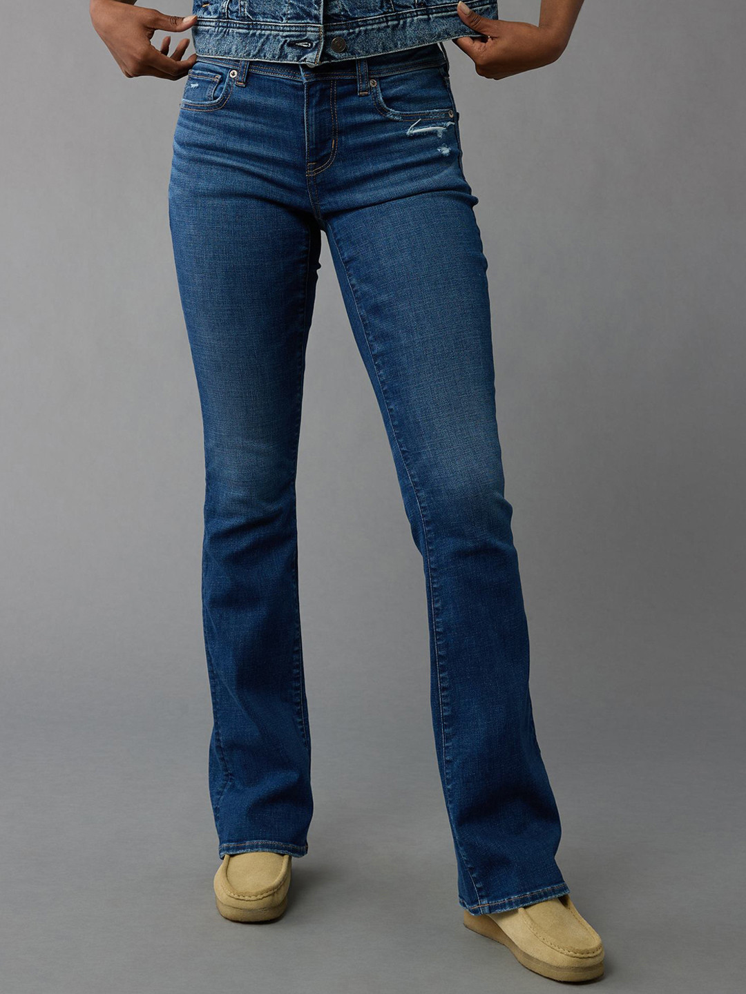 AMERICAN EAGLE OUTFITTERS Next Level Women Bootcut Mid-Rise Low Distress Heavy Fade Jeans