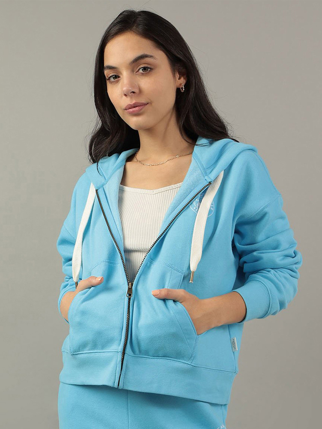 AMERICAN EAGLE OUTFITTERS Typography Printed Hooded Front-Open Sweatshirt