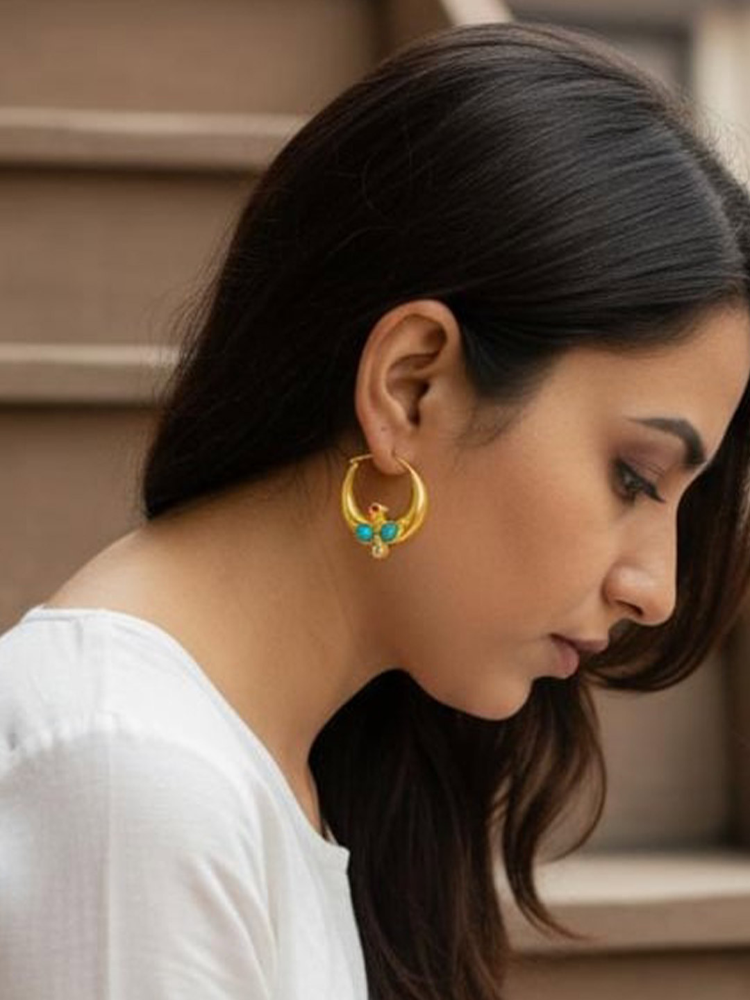 FIROZA Gold-Plated Turquoise Studded Crescent Shaped Hoop Earrings