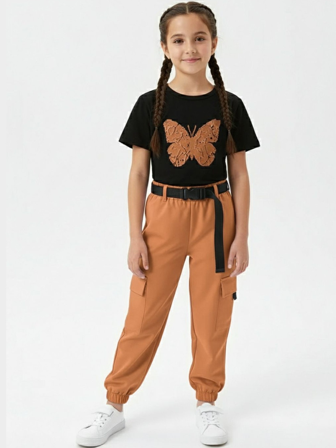 Porpy Girls Printed Top, Joggers & Belt Set