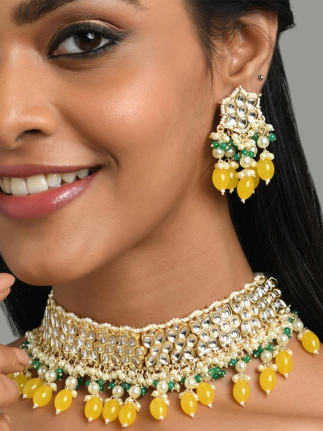 Fida Ethnic Traditional Gold Plated Pearl Kundan Lime yellow Stone Jewellery Set for Women