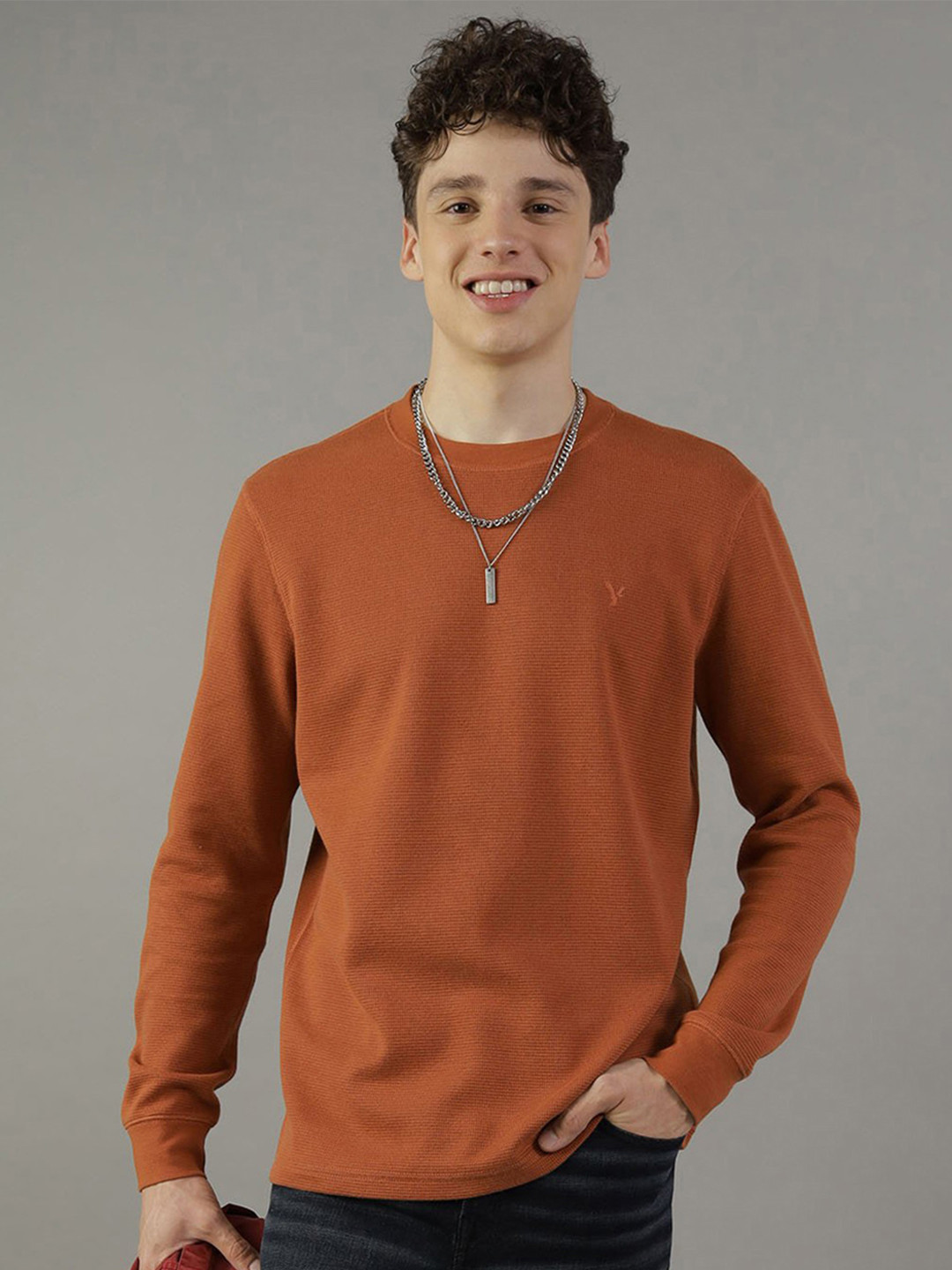 AMERICAN EAGLE OUTFITTERS Brand Logo Embroidered Round Neck Long Sleeve Thermal T-Shirt