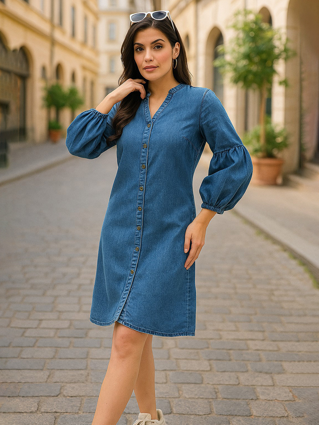 DressBerry Puff Sleeve Denim Dress
