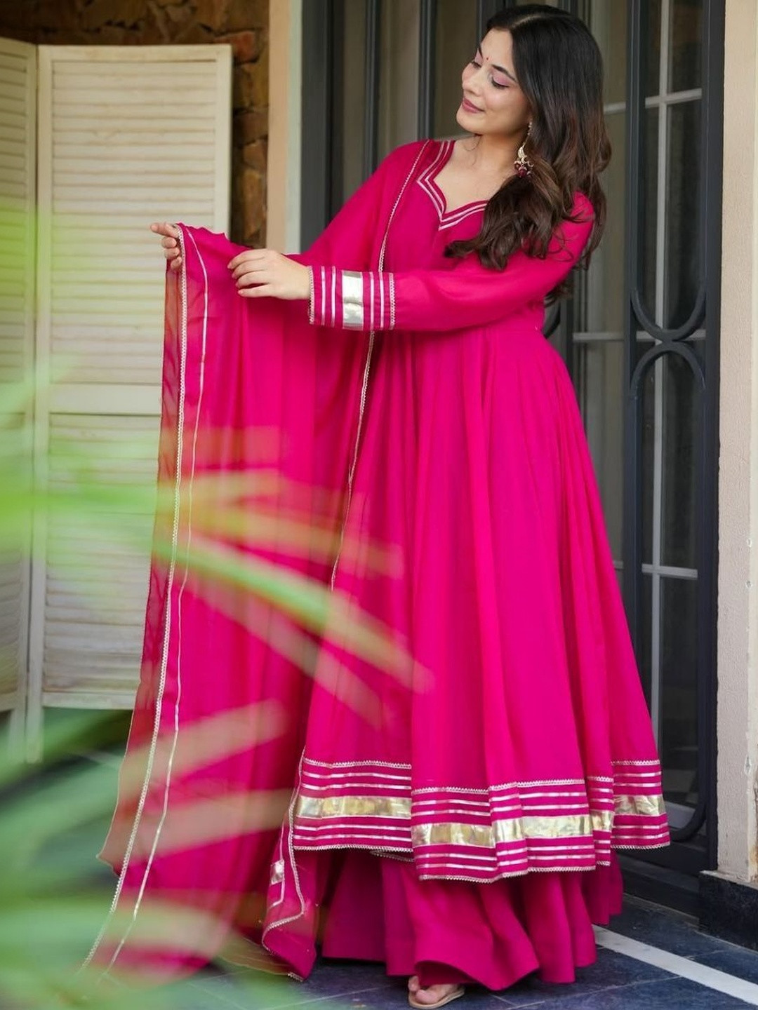SWORNY FASHION Women Embroidered Pleated Gotta Patti Kurta with Palazzos & With Dupatta
