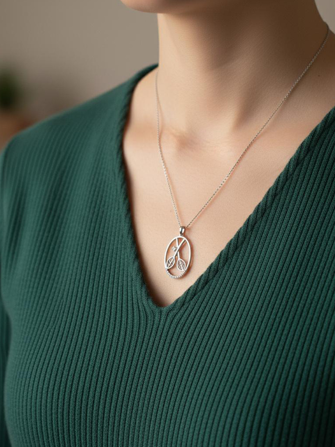 925 SILLER 925 Sterling Silver Rhodium-Plated Stones Studded Badminton Pendant With Chain