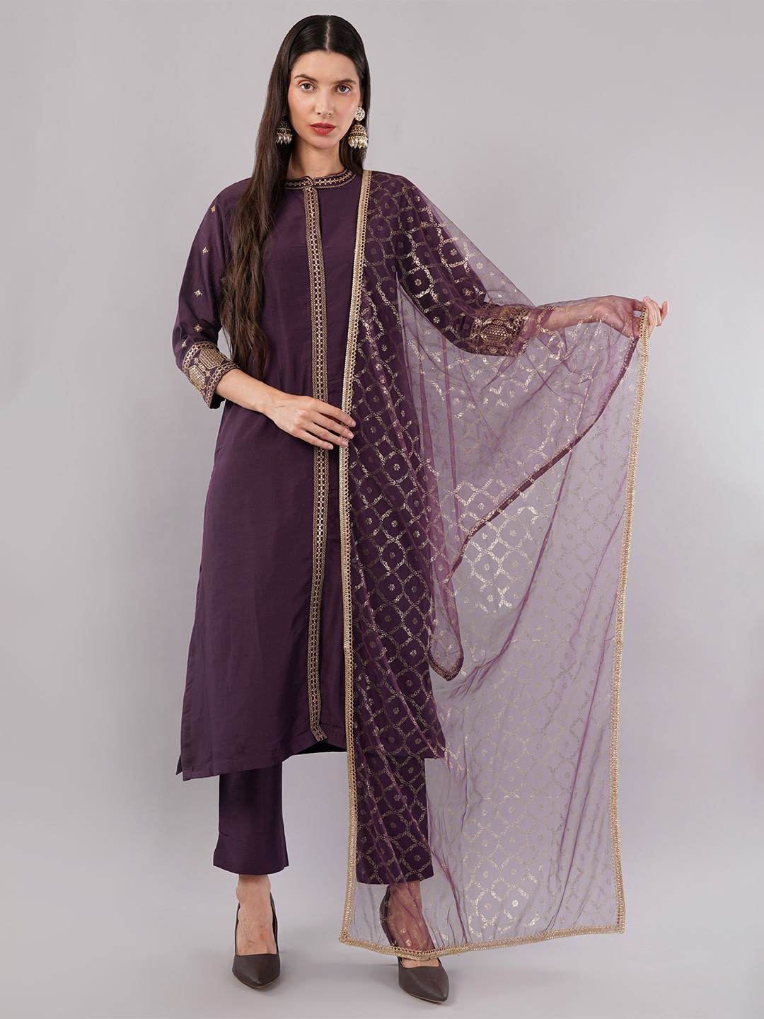 dhartii Women Front Slit Zari Embroidered Straight Kurta with Trousers & Foil Print Net Dupatta