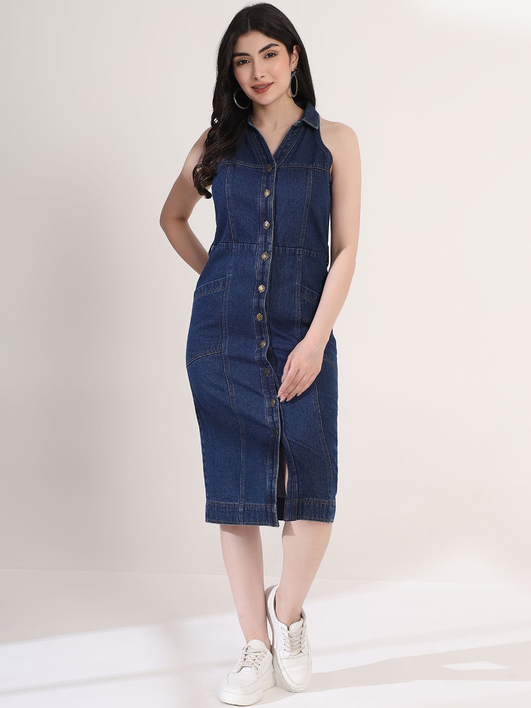 Justin Whyte Women Belted Denim Shirt Midi Dress