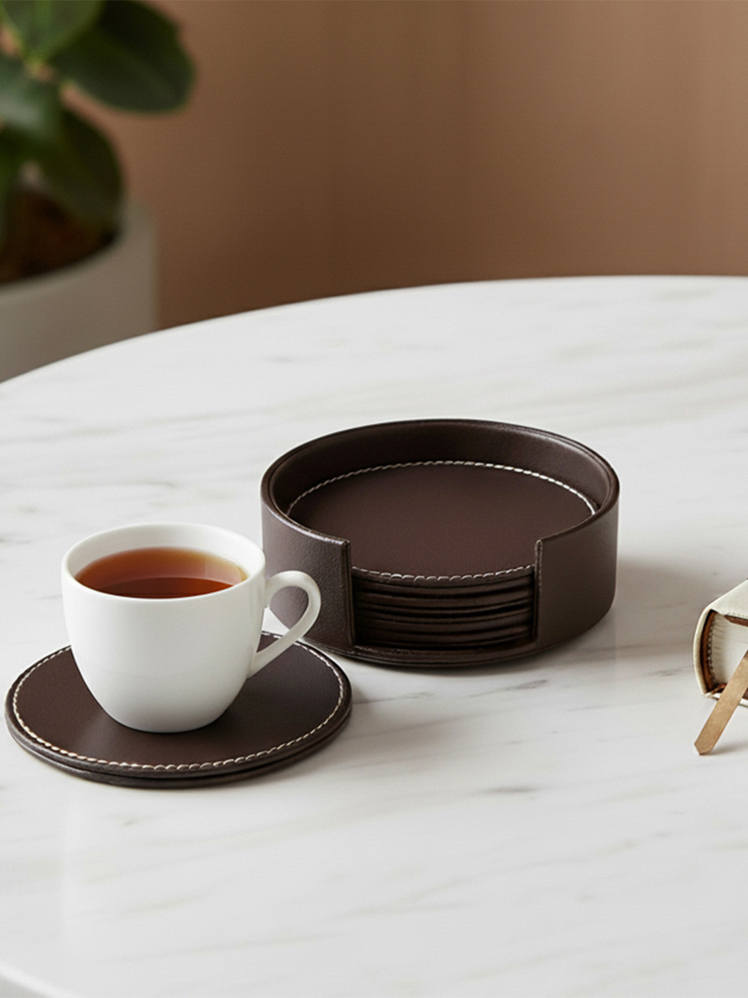 Aarvi Decor Brown 6 Pieces Matte Finish Round Coasters