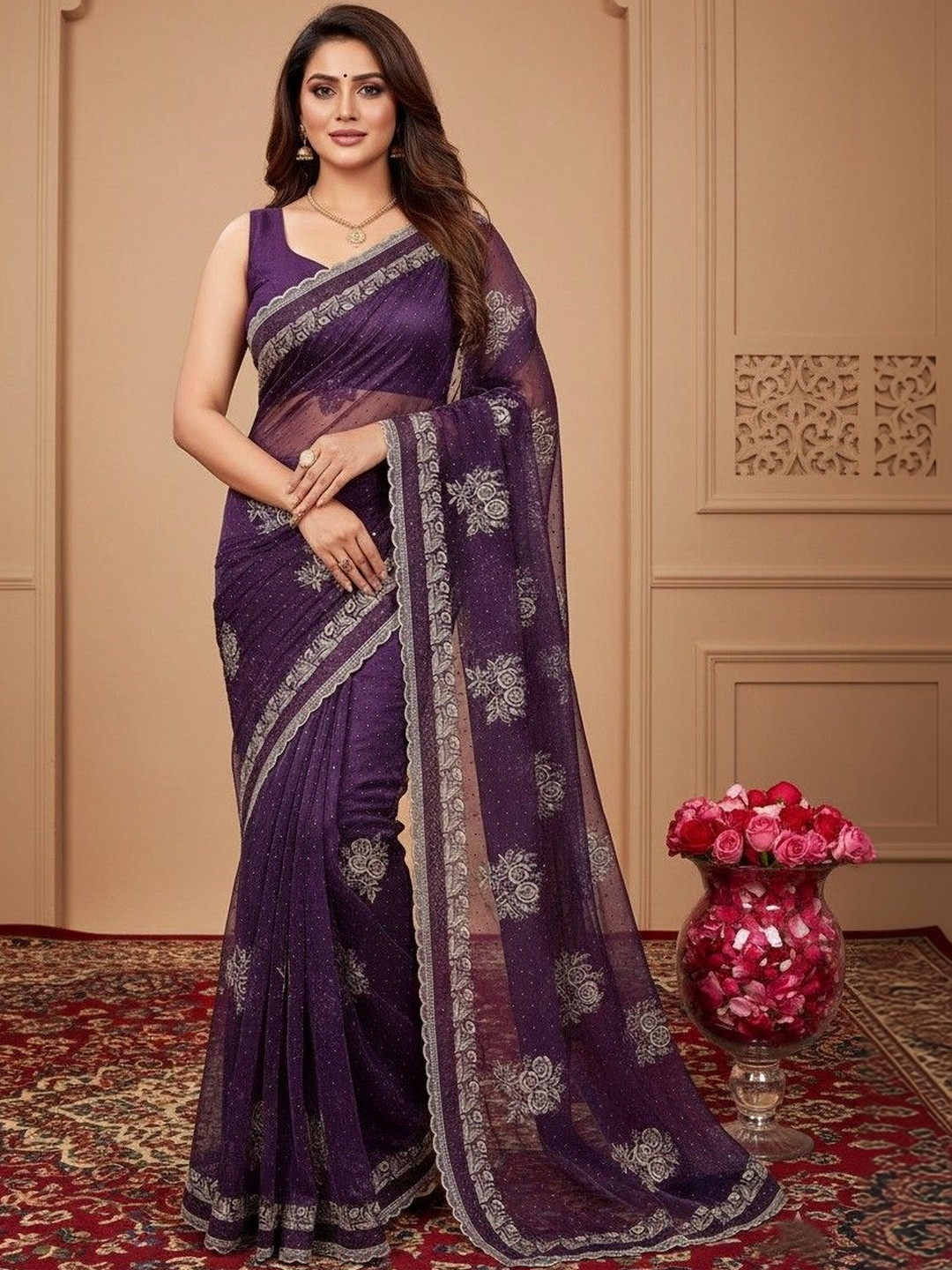 krisha fashion Embellished Embroidered Poly Chiffon Heavy Work Saree