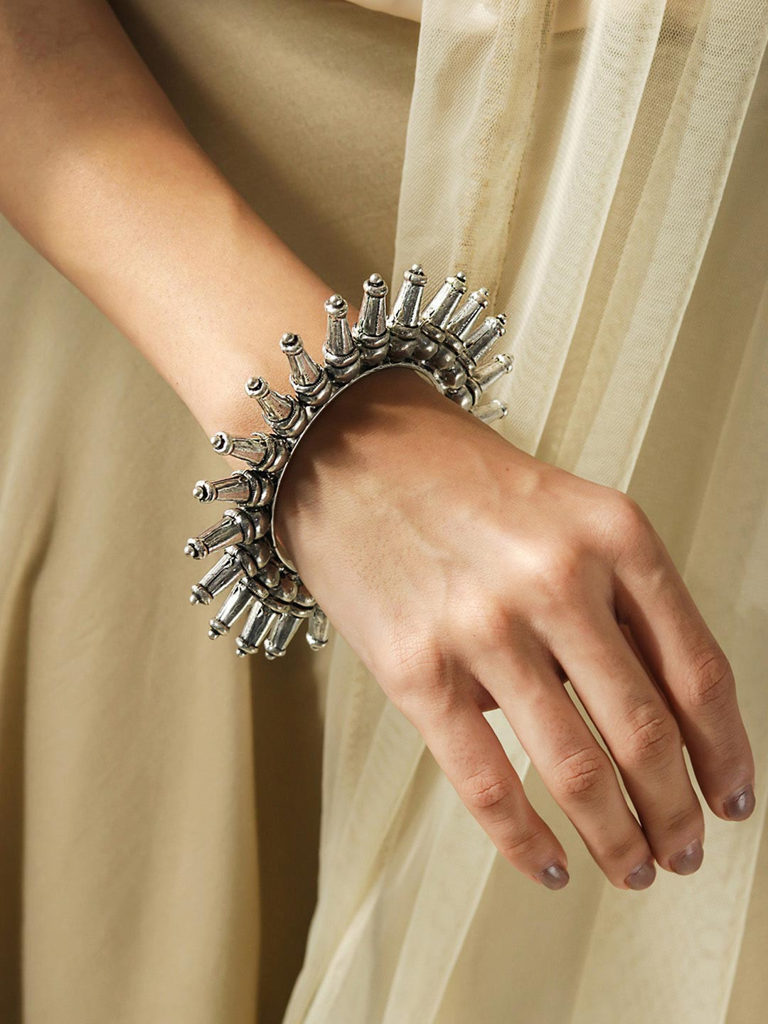 Fida Silver-Plated Oxidised Tribal Kada Bangle