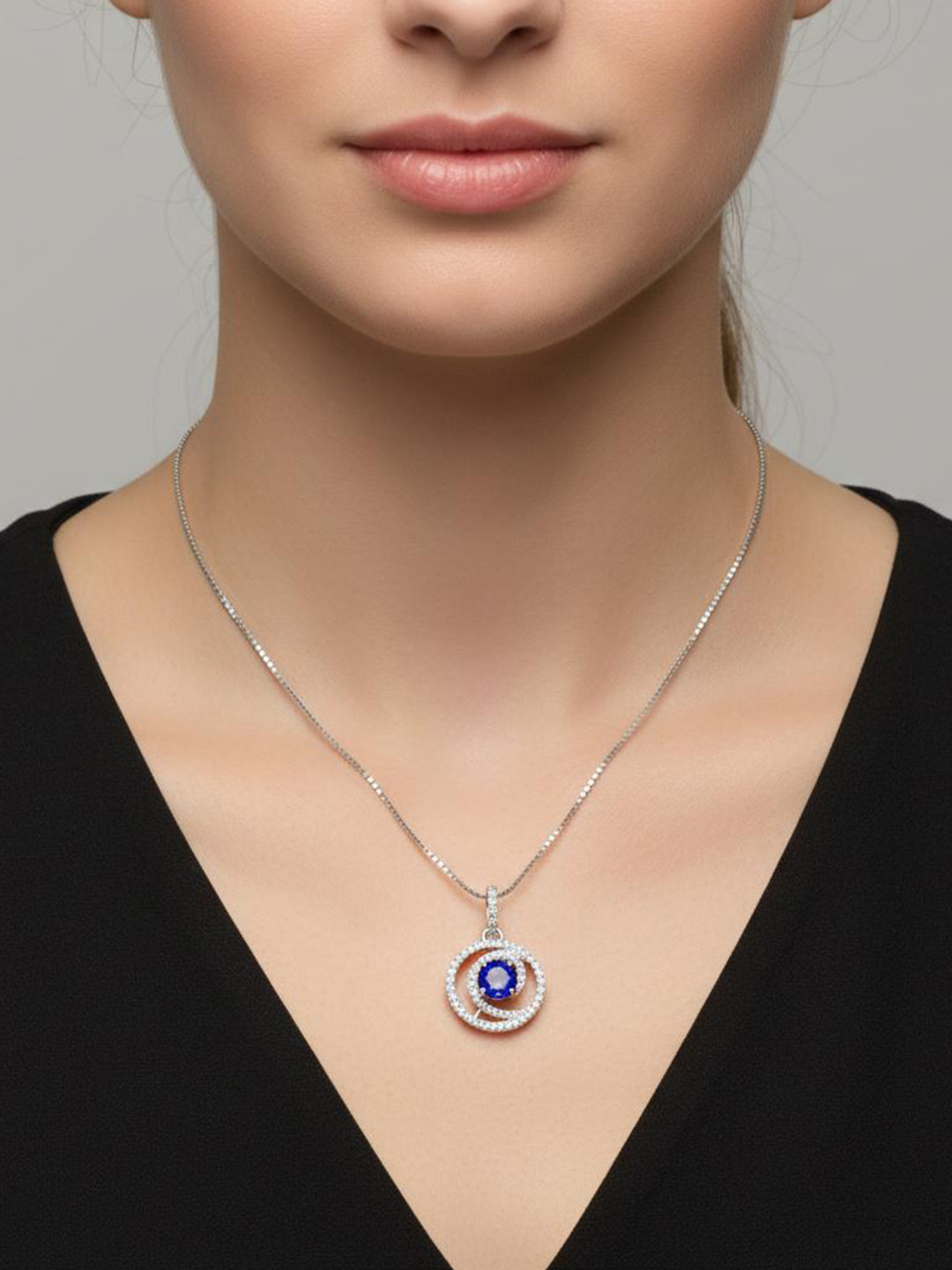 925 SILLER 925 Sterling Silver Rhodium-Plated Stones Studded Blue Stone Pendant With Chain